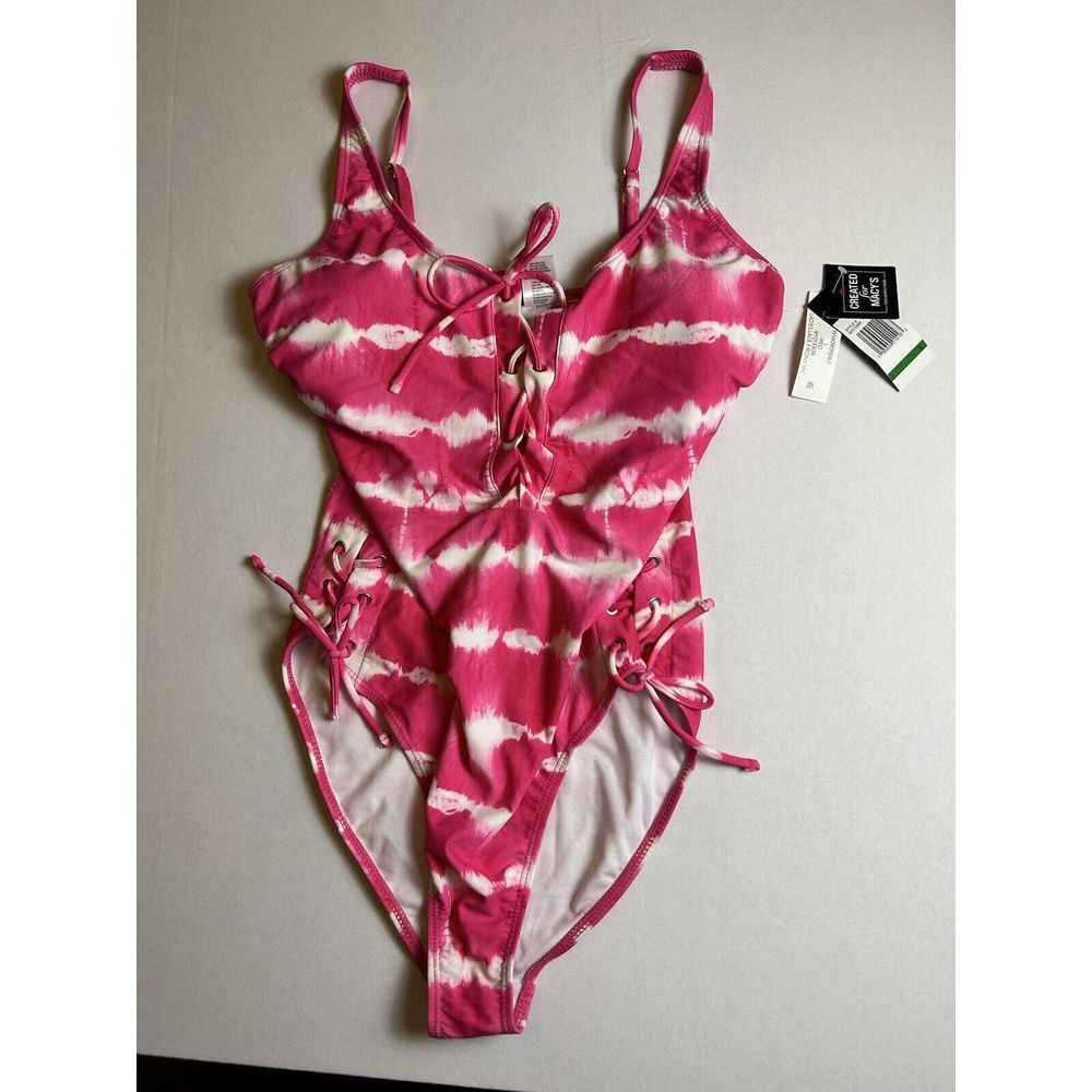 New California Waves Tie Dye One Piece Swimsuit Size L Pink White Lace Up